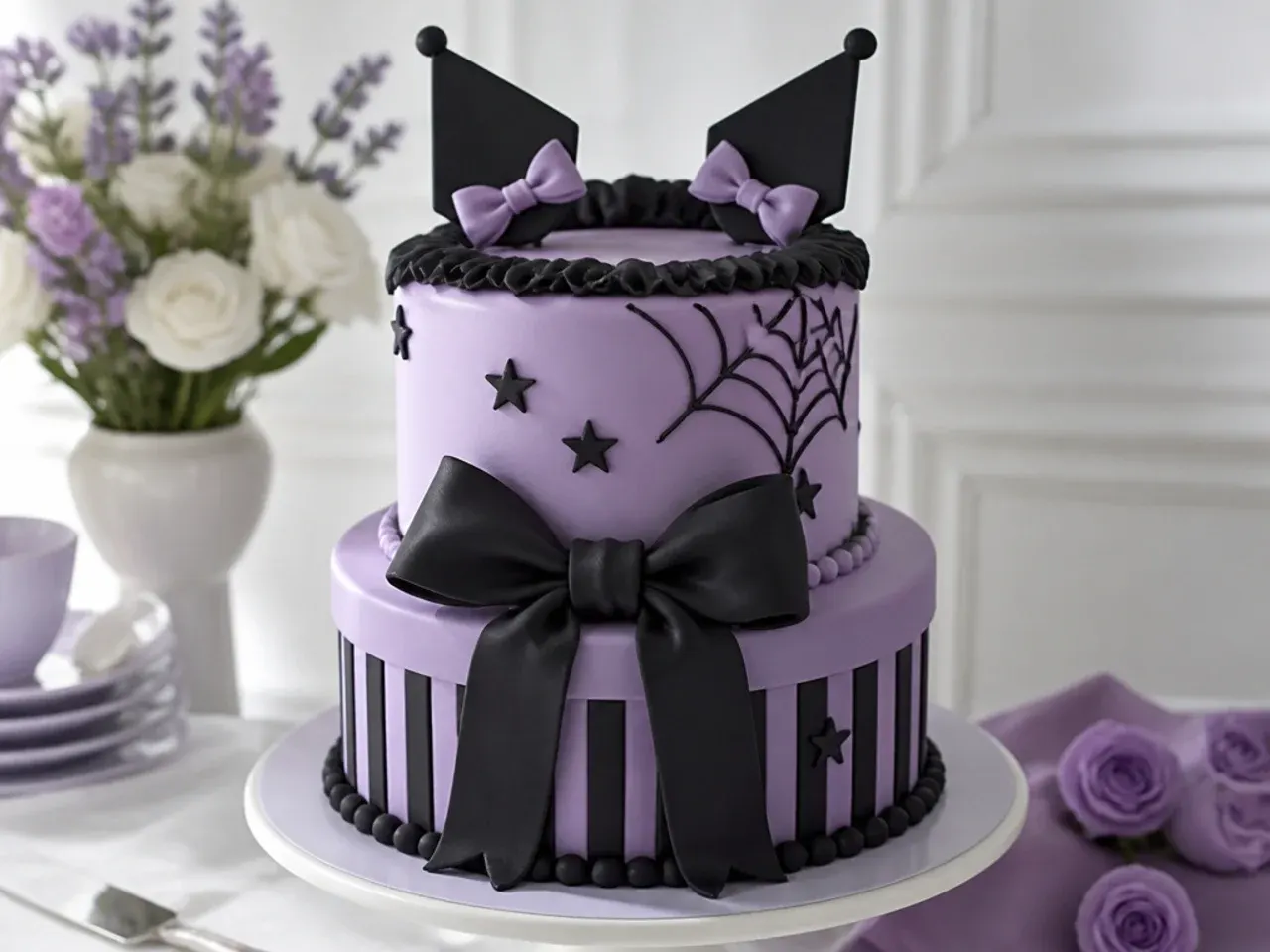 Elegant lavender tiered Kuromi cake design with a large black fondant bow