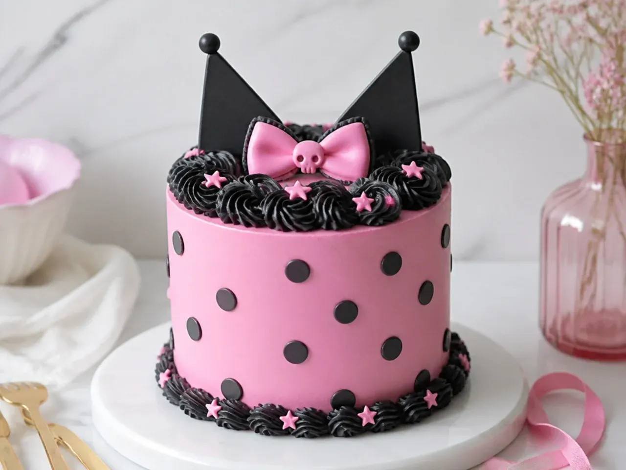 Playful pink and black polka dot Kuromi cake design