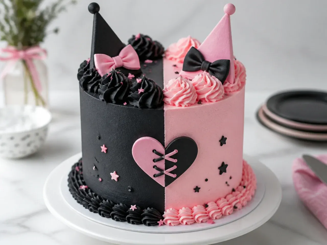 Modern half black half pink color block Kuromi cake design