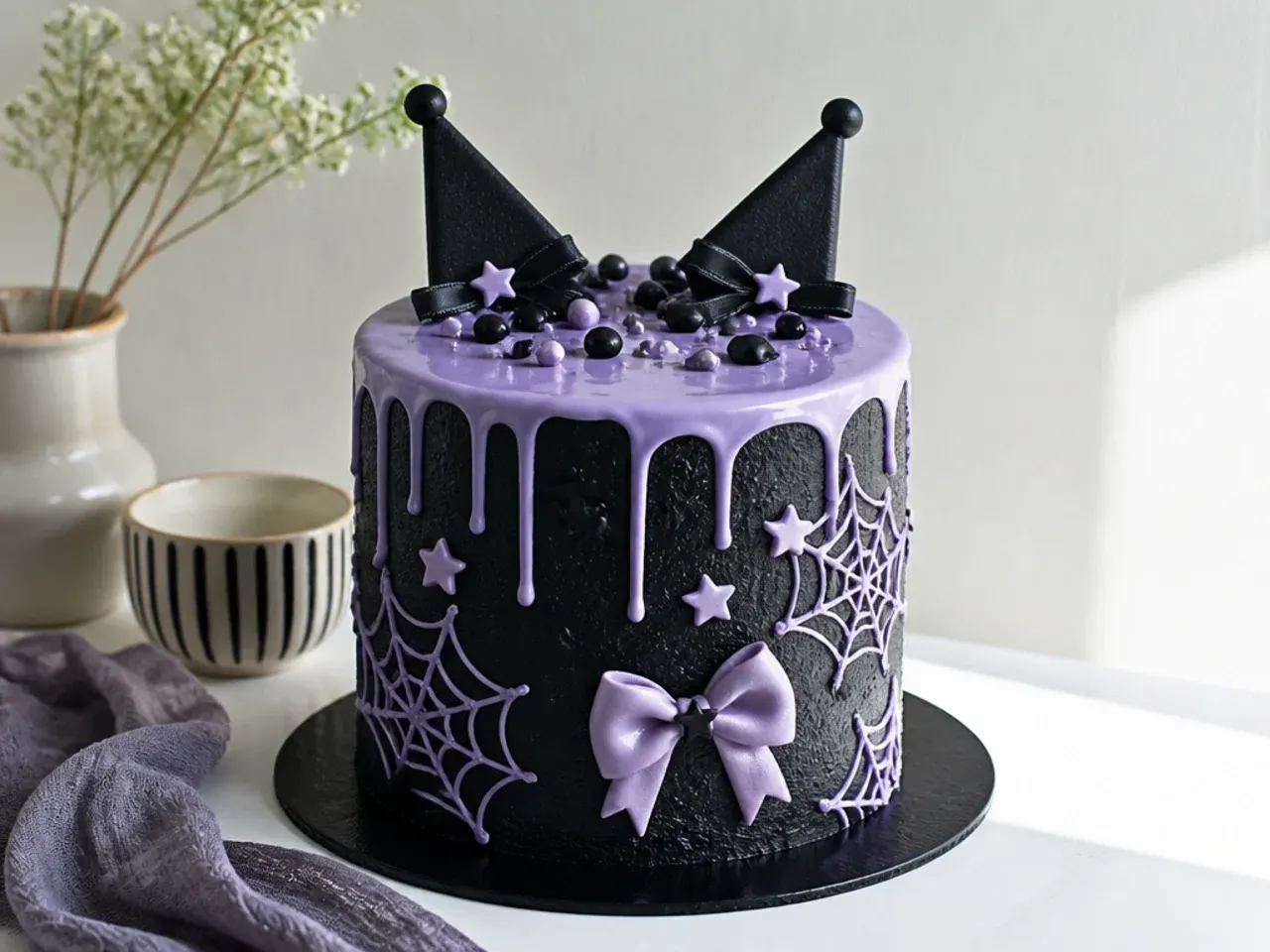 Rustic textured black Kuromi cake design with a purple ganache drip