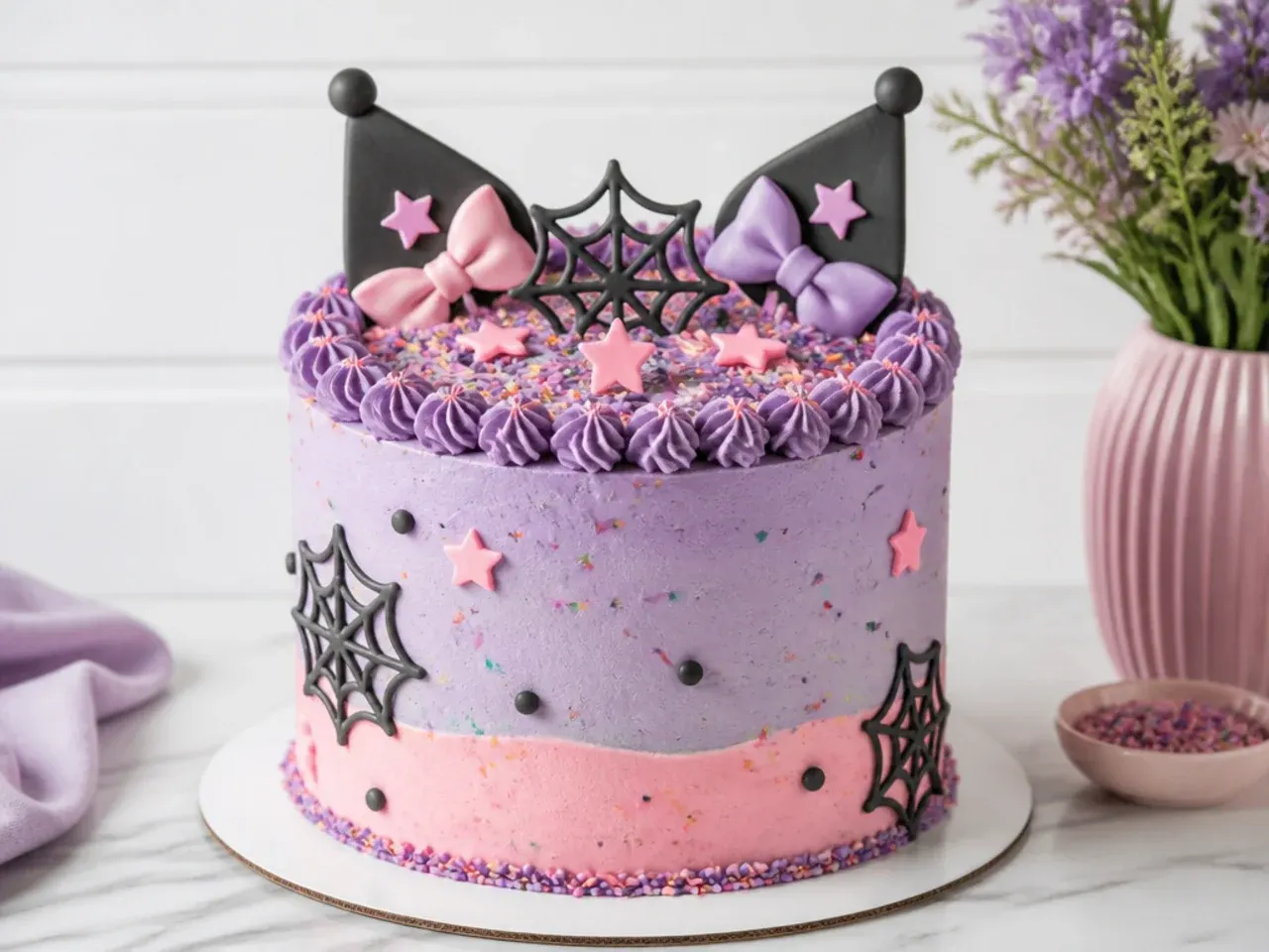 Colorful rainbow sprinkle funfetti Kuromi cake design in purple and pink