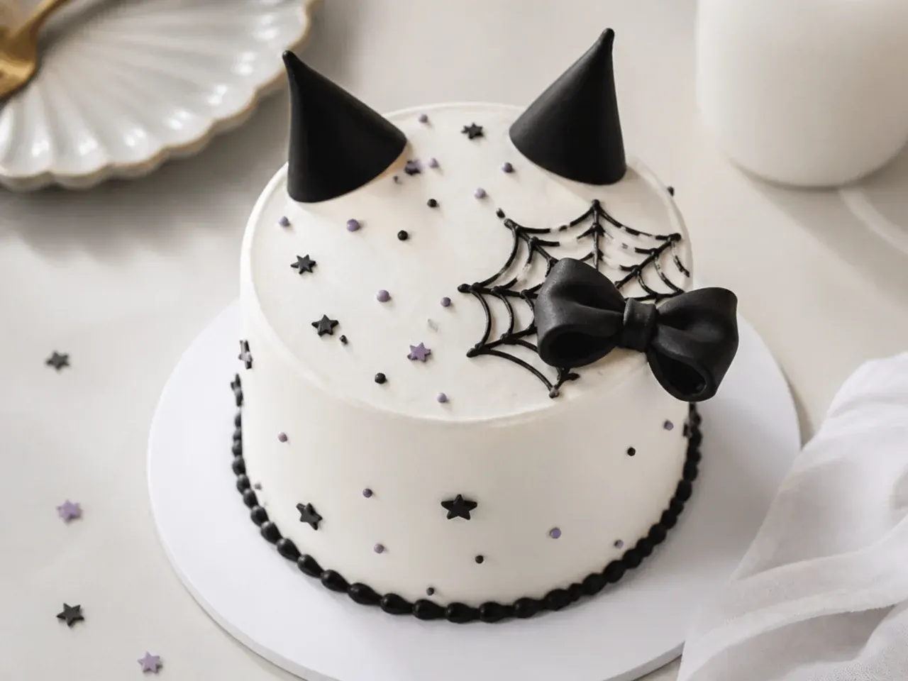 Minimal white Kuromi cake design with a single black fondant bow accent