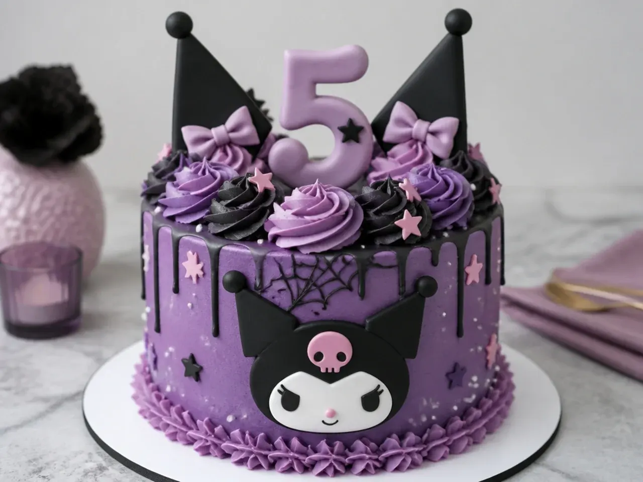 Festive purple Kuromi birthday cake design with a number topper and rosettes