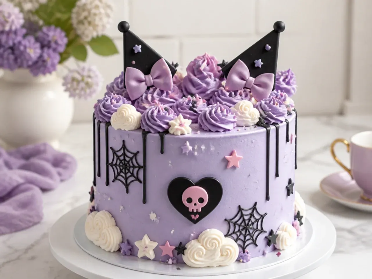 Whimsical lilac Kuromi cake design with buttercream clouds and fondant stars