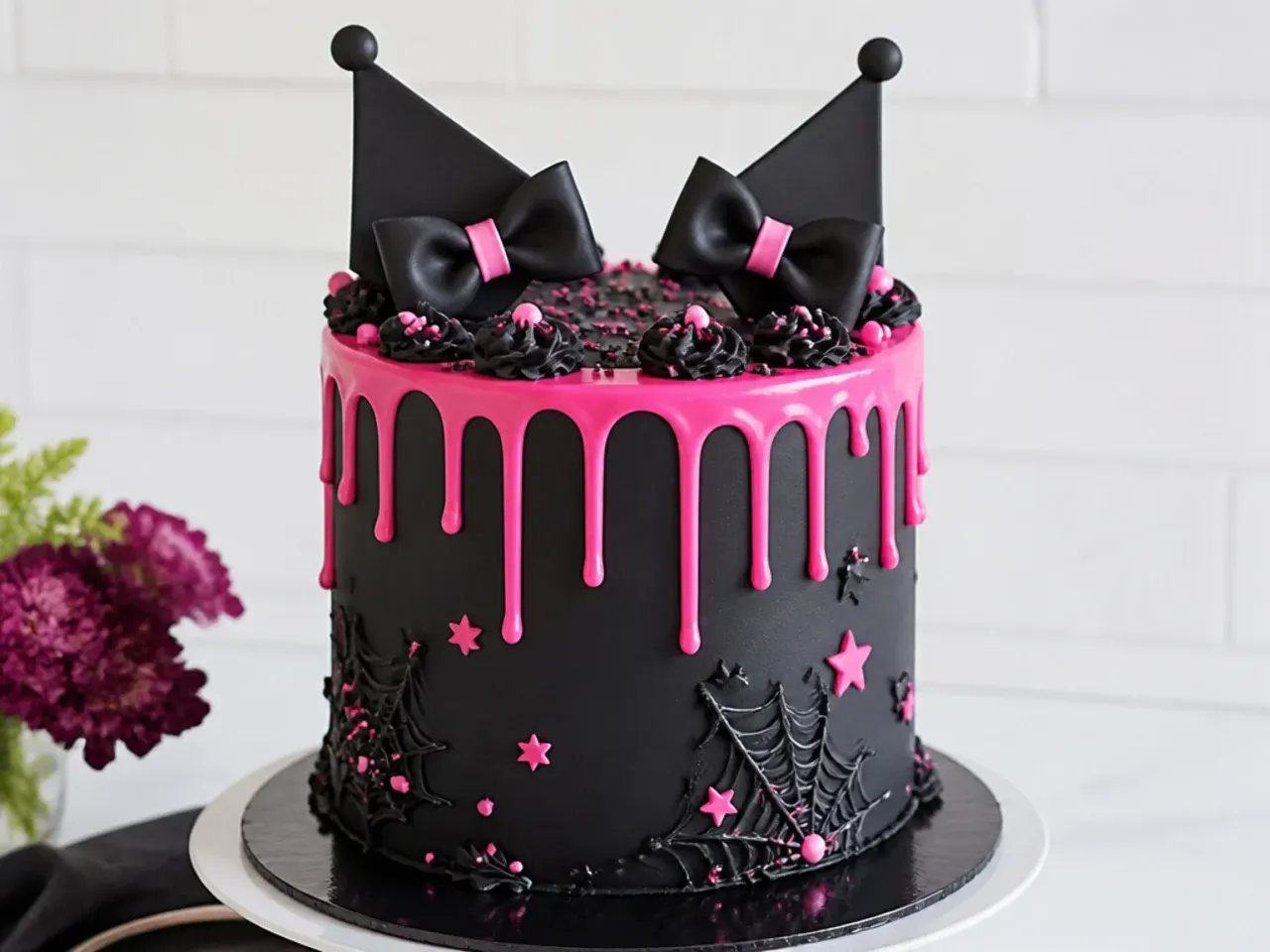 Bold all black Kuromi cake design with a neon pink chocolate drip