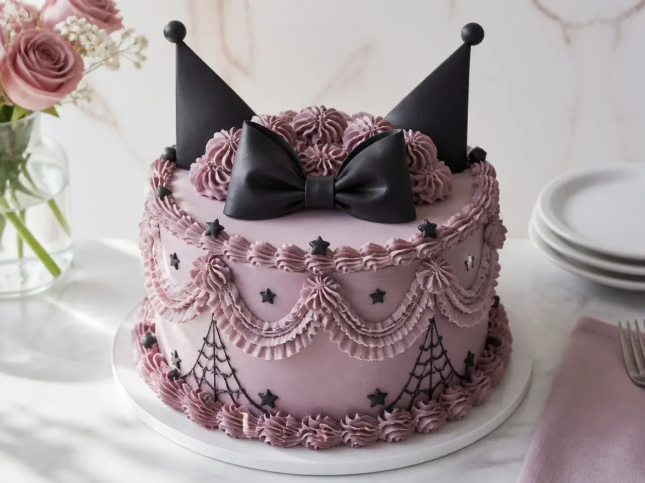 Delicate dusty rose ruffle Kuromi cake design with a black bow