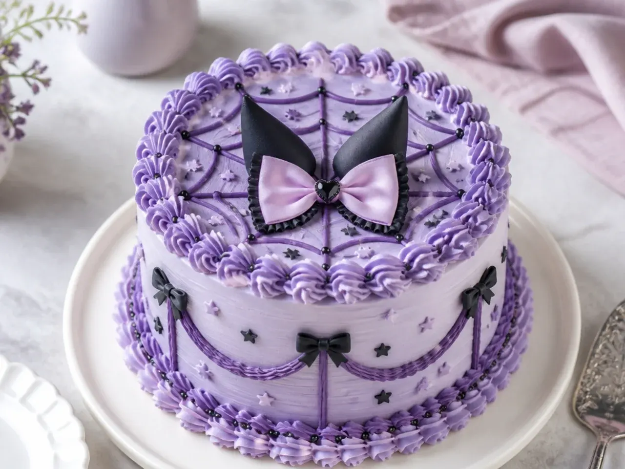 Vintage lambeth piped Kuromi cake design in lavender and lilac