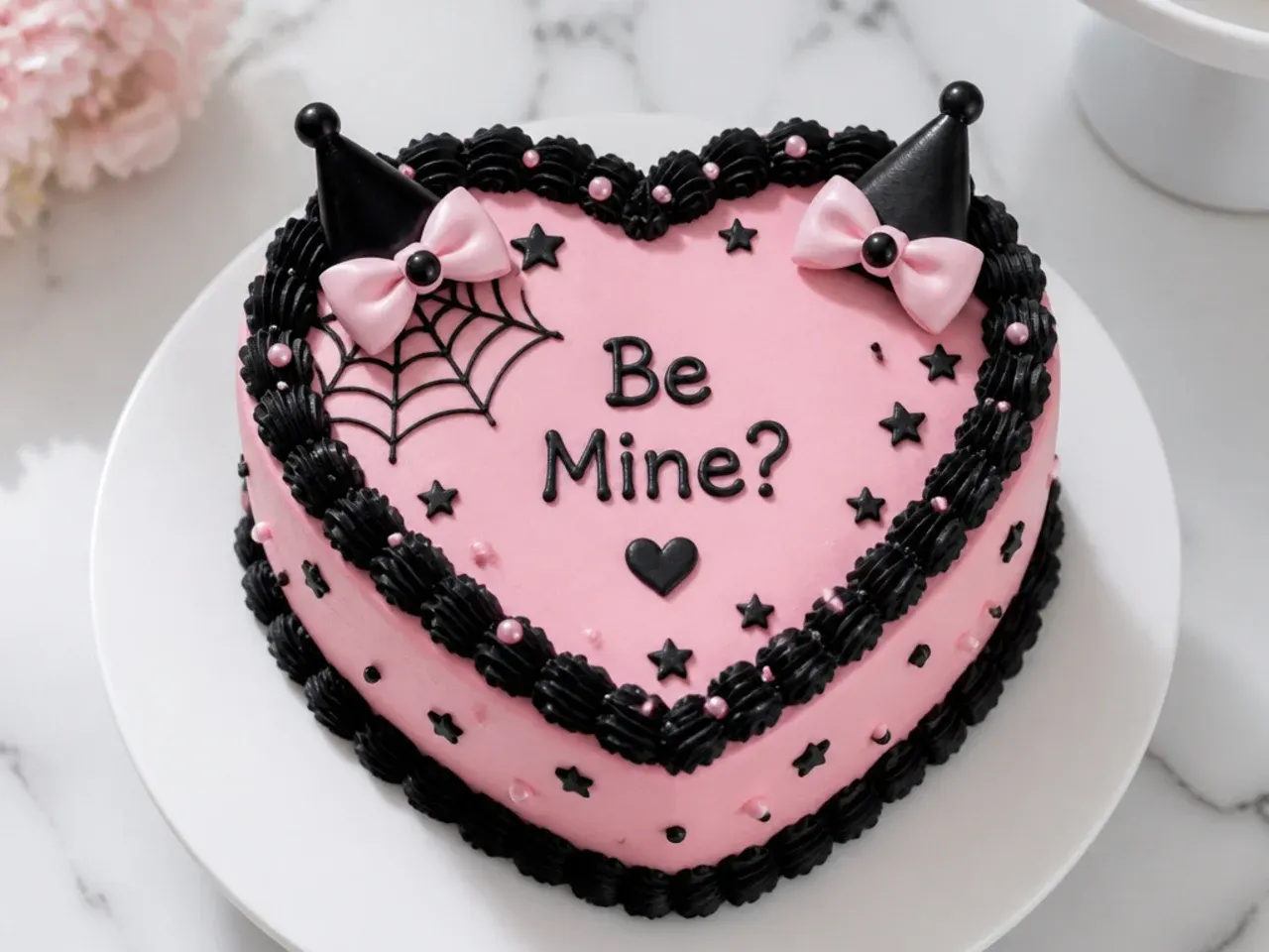 Charming pink heart-shaped Kuromi confession cake design with a black scalloped border