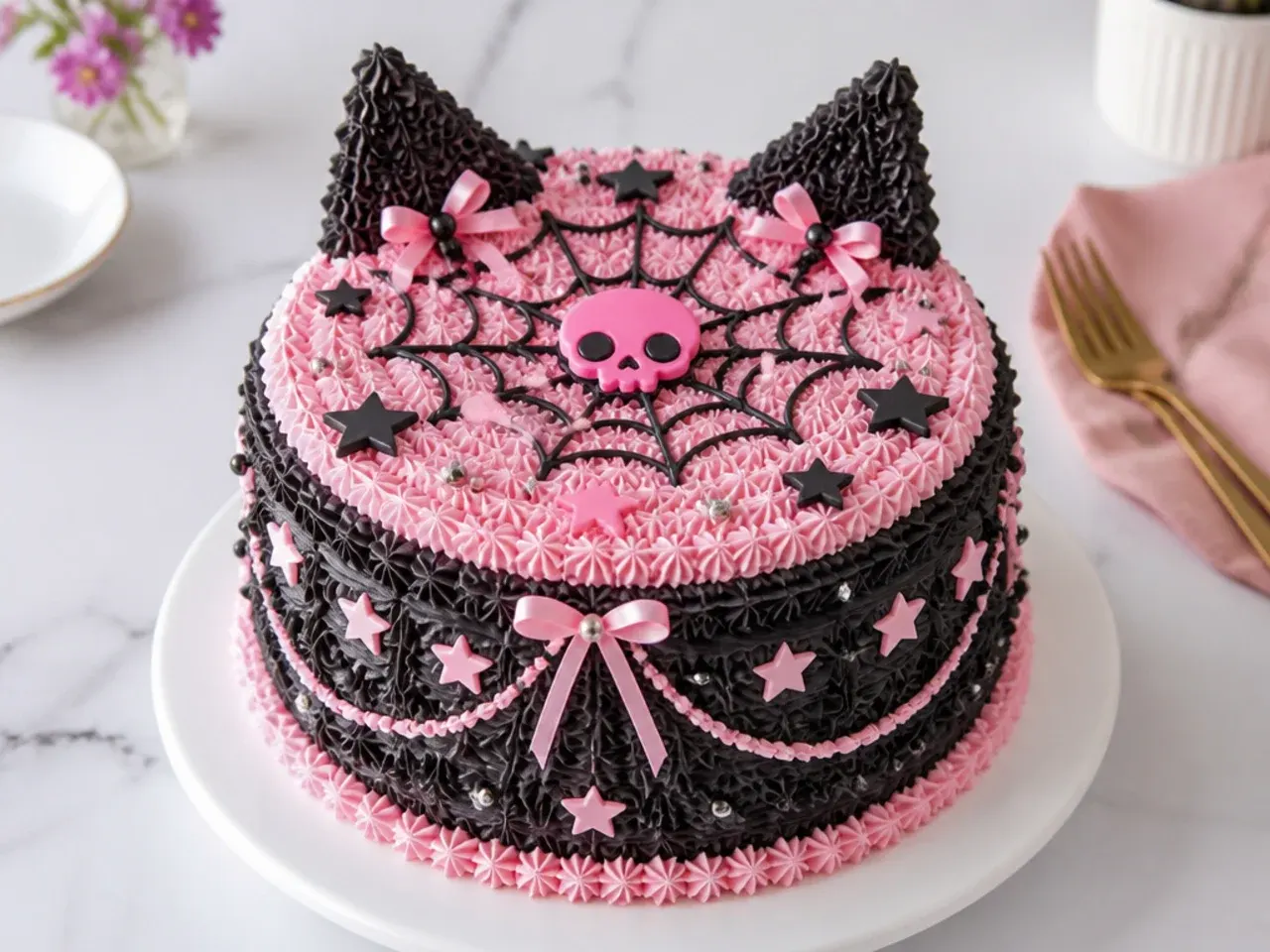 Classic star-piped textured Kuromi cake design in black and pink