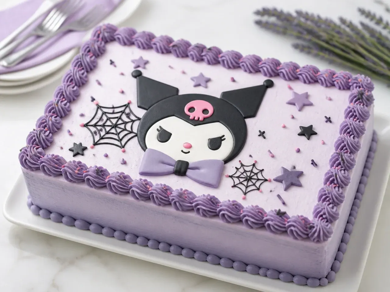 Easy lavender Kuromi sheet cake design decorated for a crowd