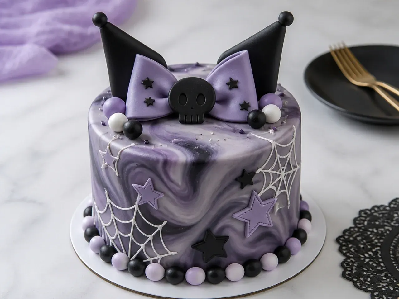 Elegant marble fondant Kuromi cake design in black white and purple