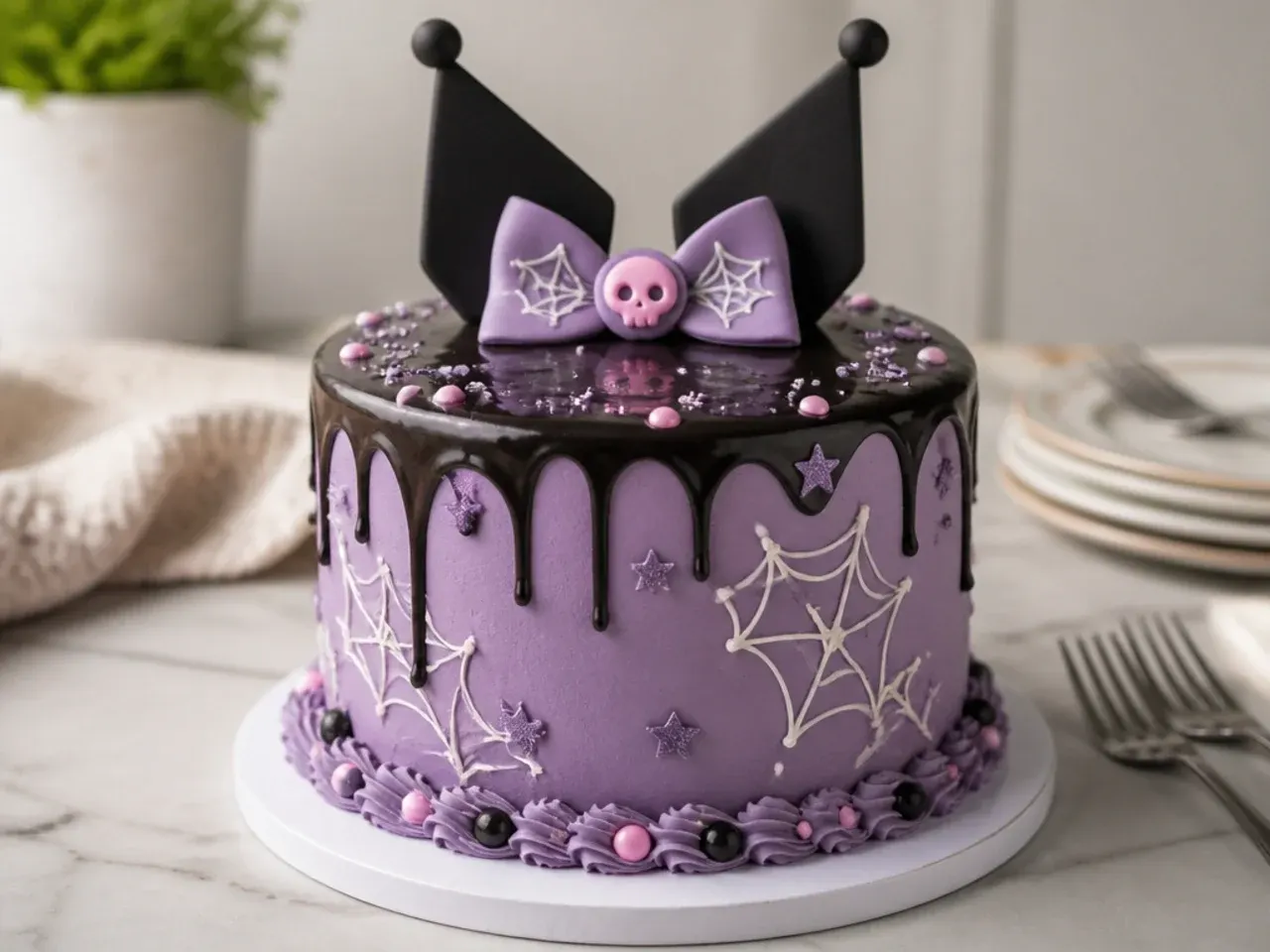 Playful Kuromi cake design with fondant ears and bow silhouette topper
