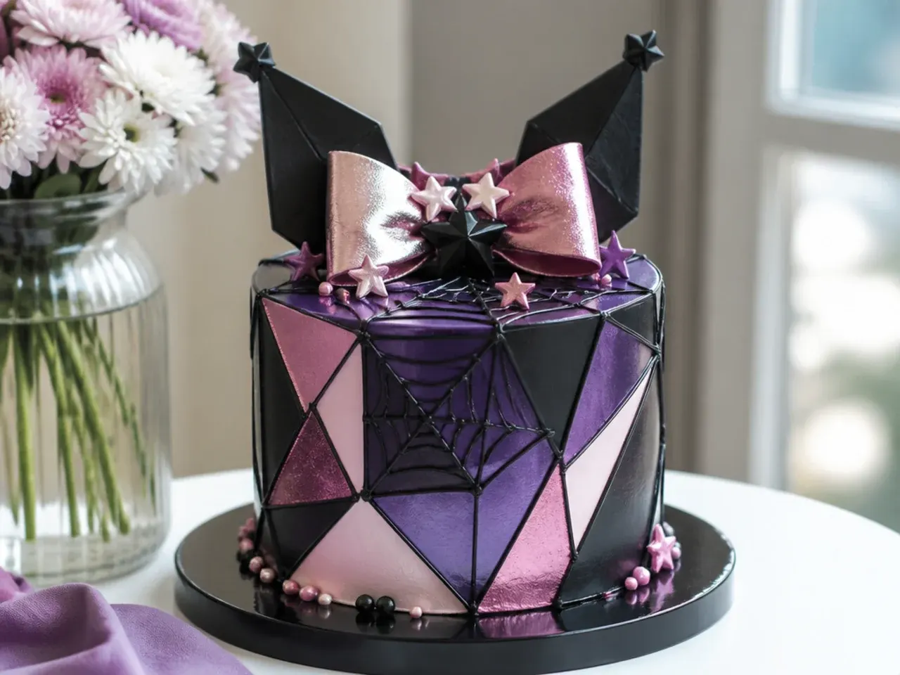 Modern geometric faceted Kuromi cake design in black pink and purple metallics