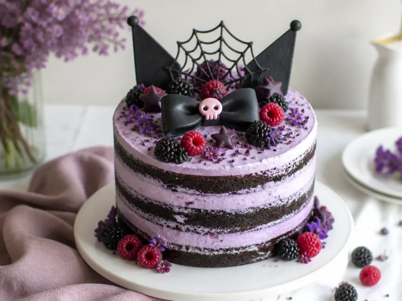 Rustic naked Kuromi cake design with blackberries raspberries and purple flowers