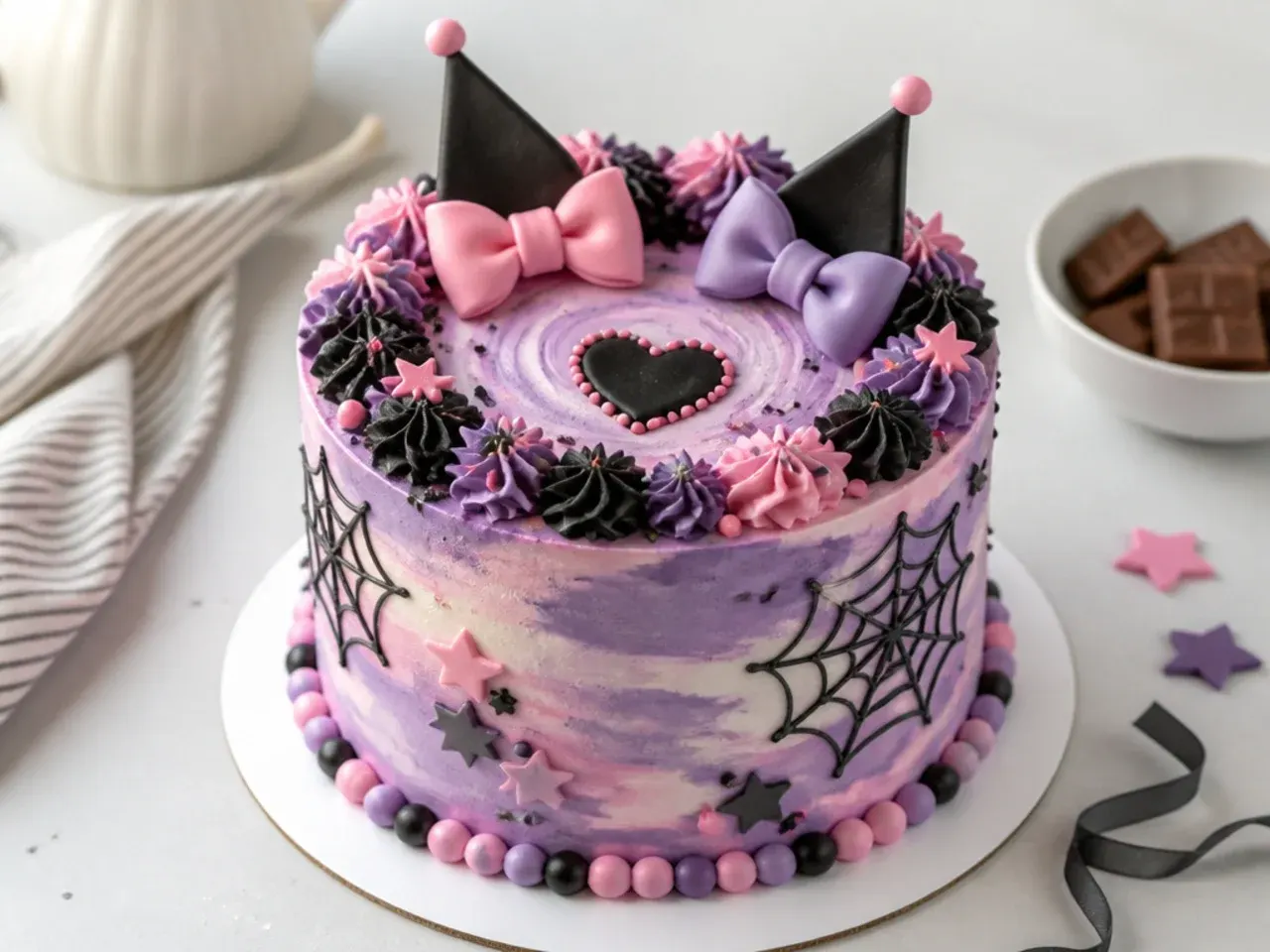 Colorful watercolor buttercream Kuromi cake design in purple pink and black