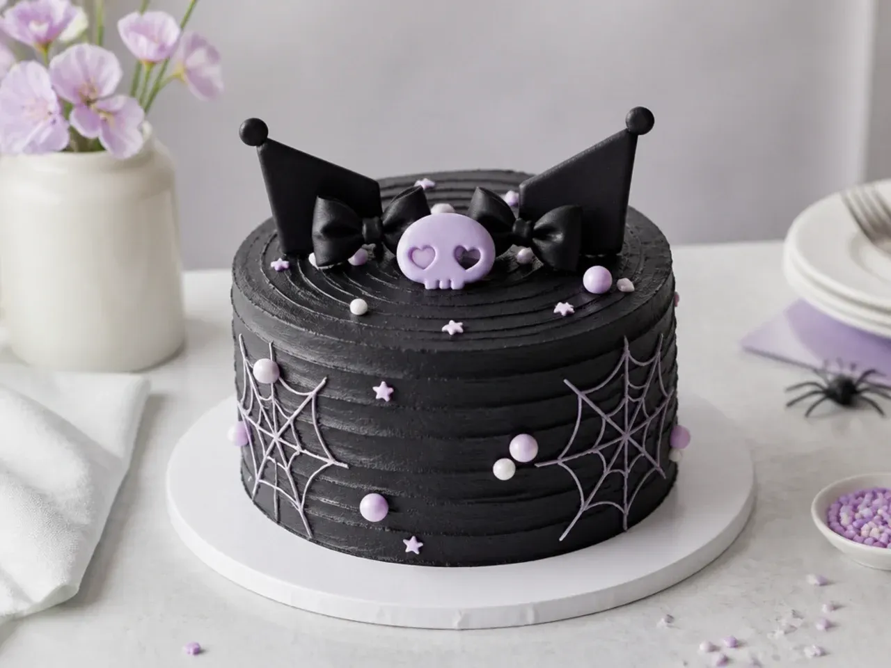 Minimal matte black monochrome Kuromi cake design with a comb texture