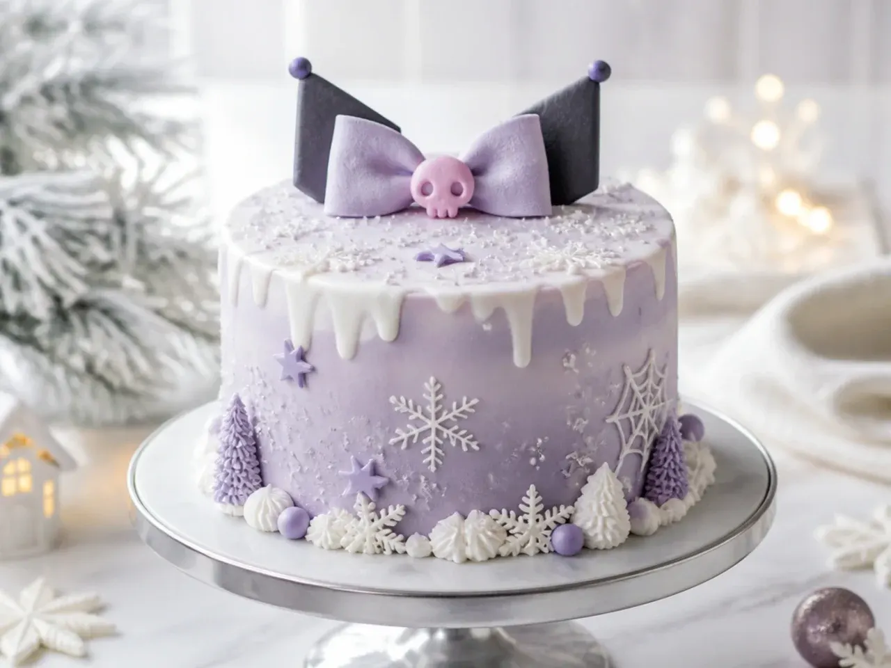 Festive winter wonderland Kuromi cake design in lilac and white with sugar snow