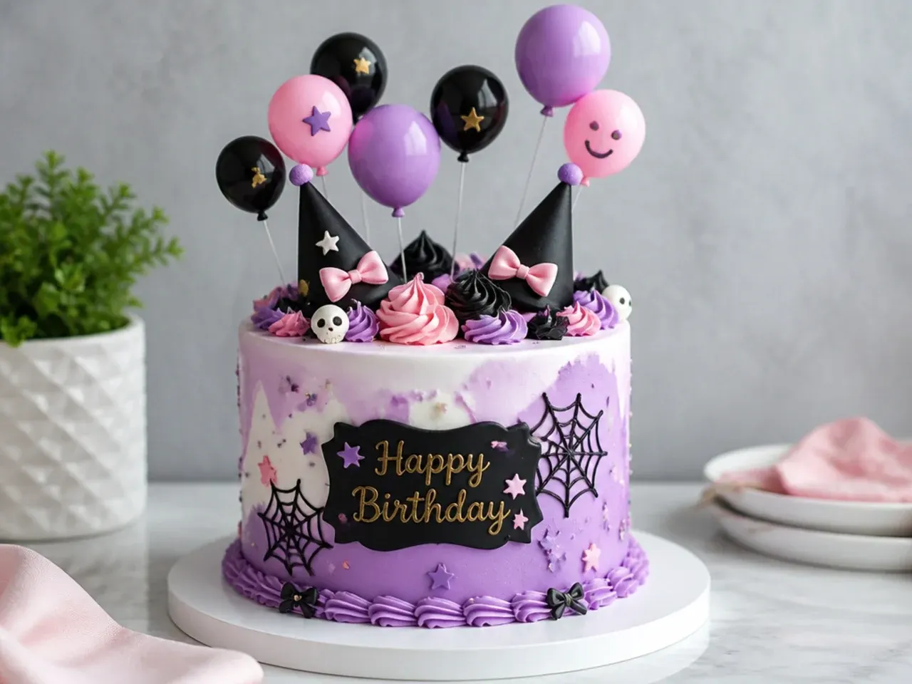 Whimsical Kuromi cake design with floating fondant balloons in pink purple and black