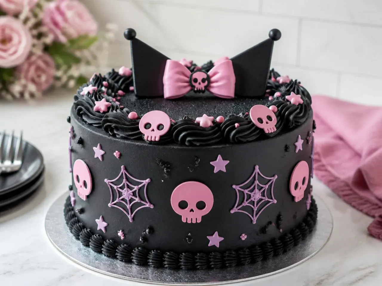 Bold black Kuromi cake design with a repeating pink skull motif pattern