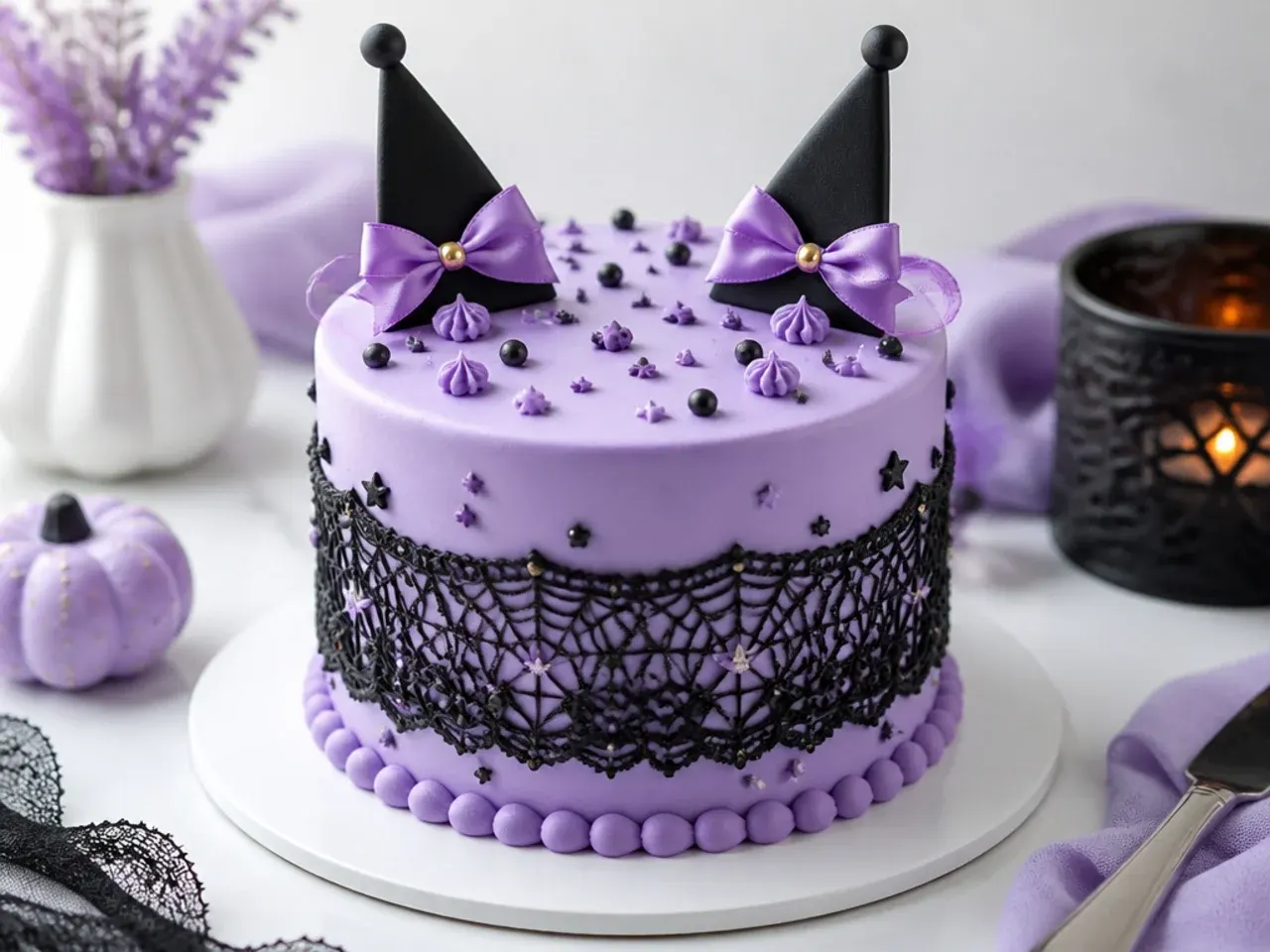 Delicate lavender Kuromi cake design wrapped with a black edible lace band
