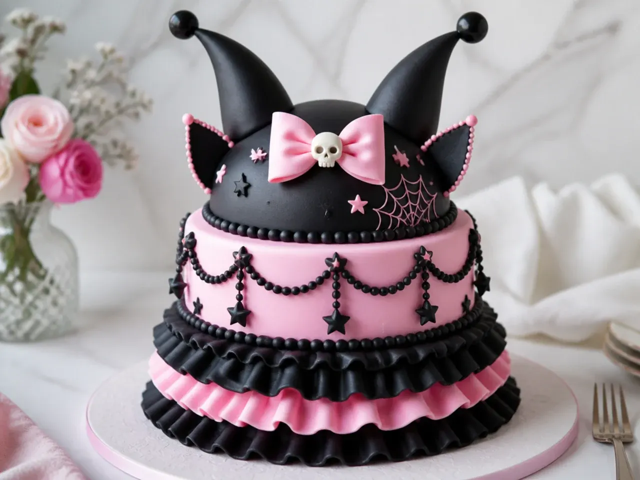 Vintage jester-cap shaped Kuromi cake design with black and pink ruffle tiers