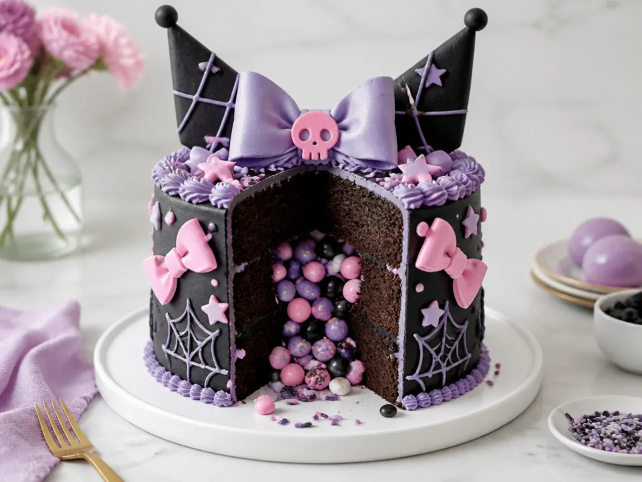 Creative Kuromi piñata cake design with a hidden candy surprise center