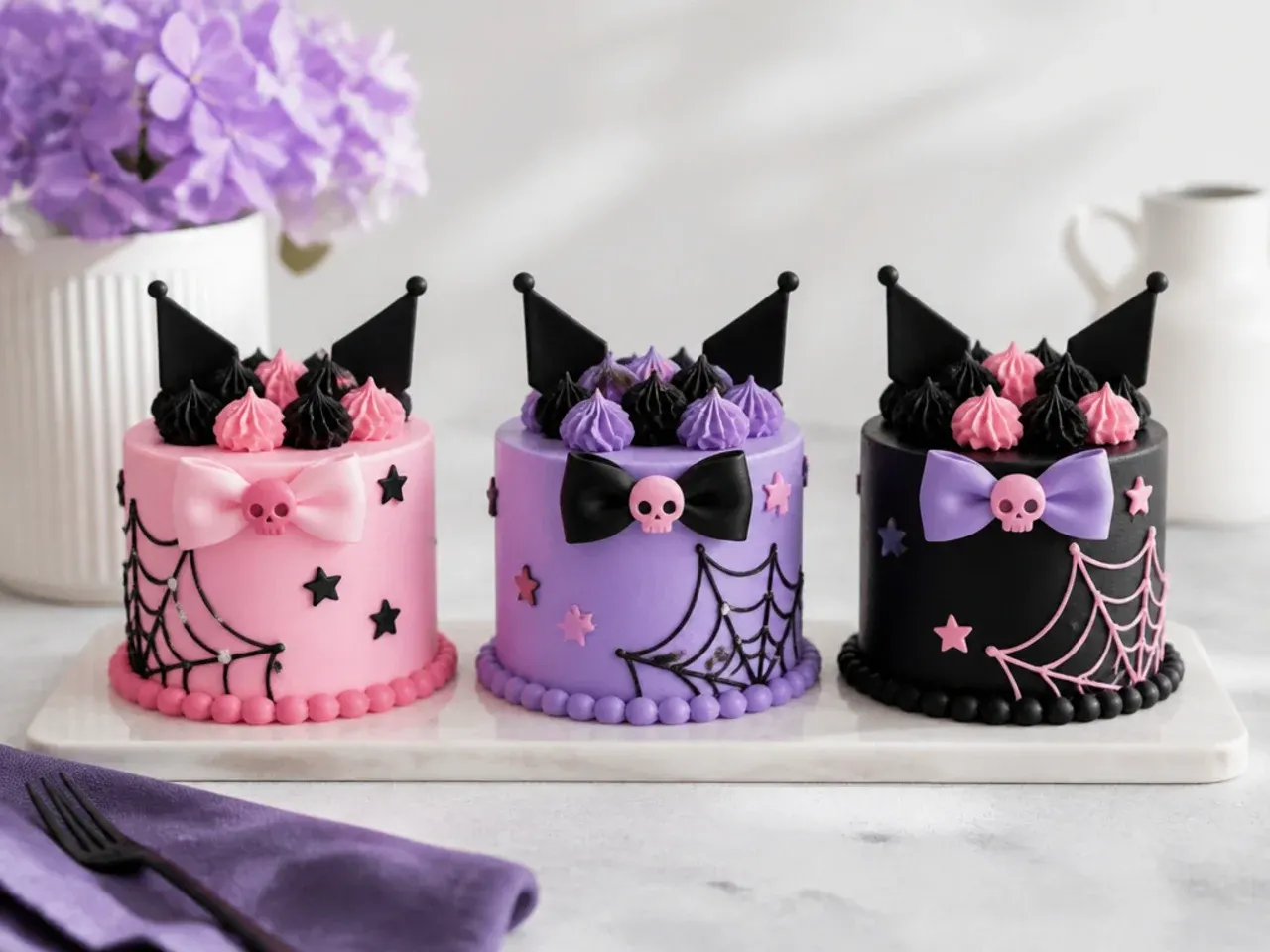 Charming trio of mini Kuromi cakes in black lavender and pink designs