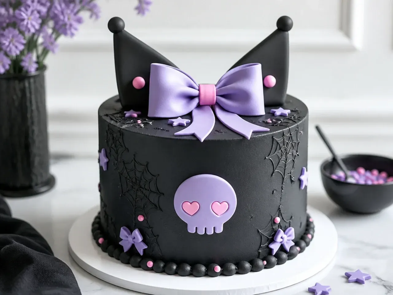 Tips to make Kuromi cake designs easier with smooth black buttercream and fondant bows