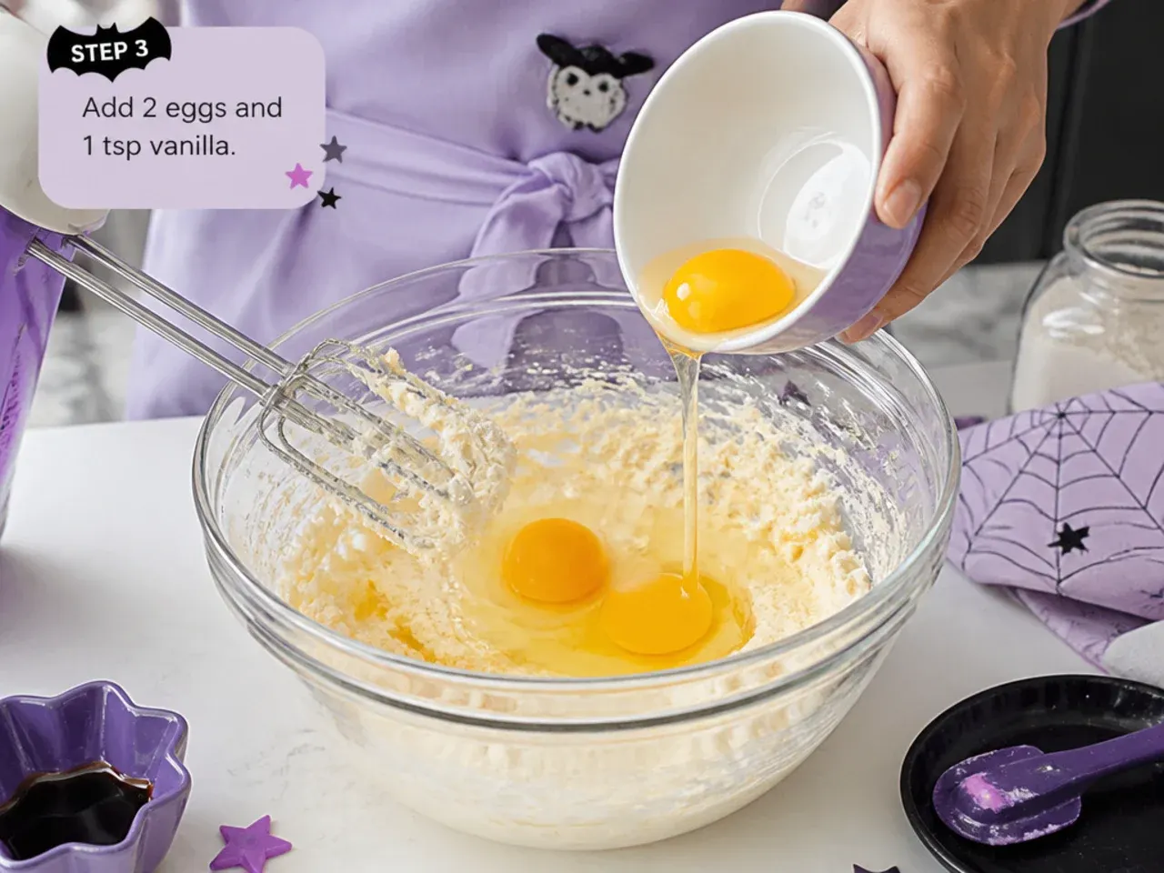 kuromi cake for girls — step 3: add eggs and vanilla