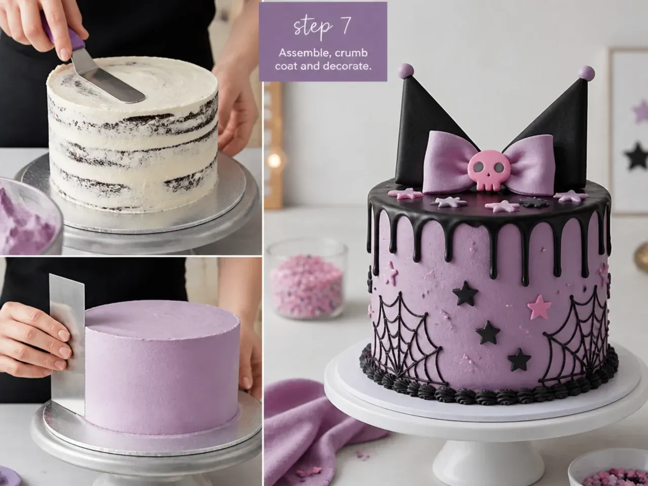 kuromi cake for girls — step 7: assemble, crumb coat and decorate