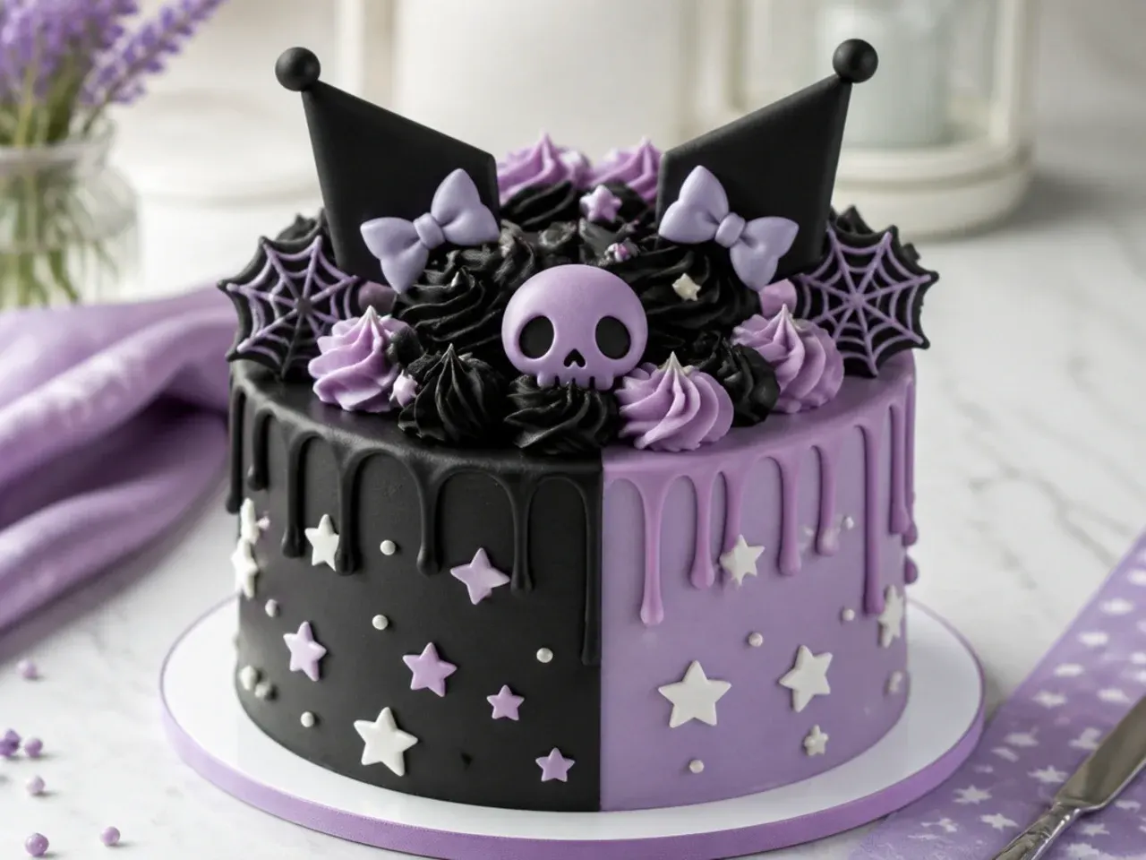 Black and lavender two-tone Kuromi cake for girls with white star accents