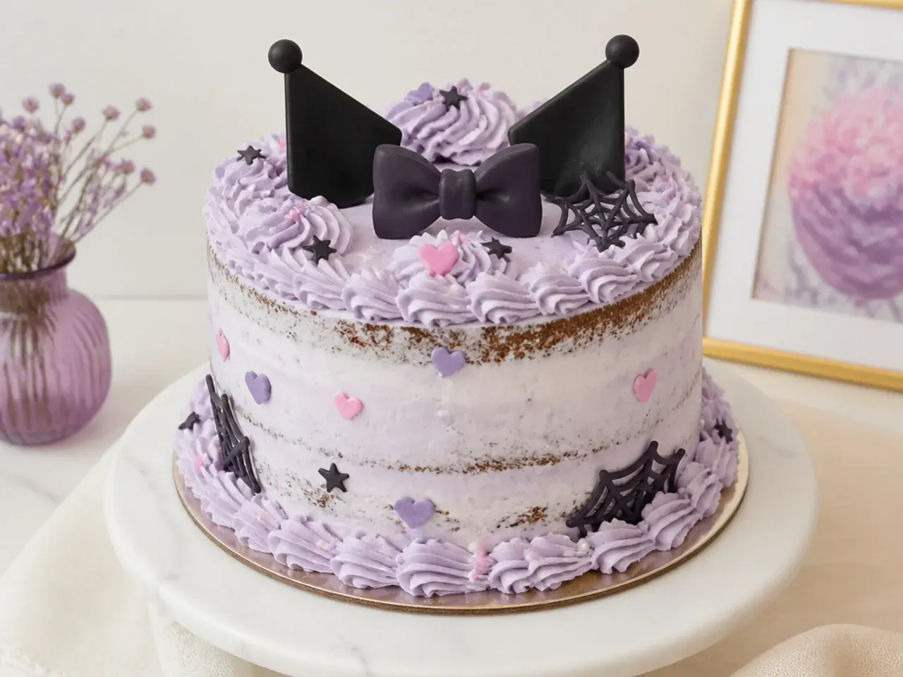 Semi-naked beginner Kuromi cake for girls with lavender buttercream and heart sprinkles