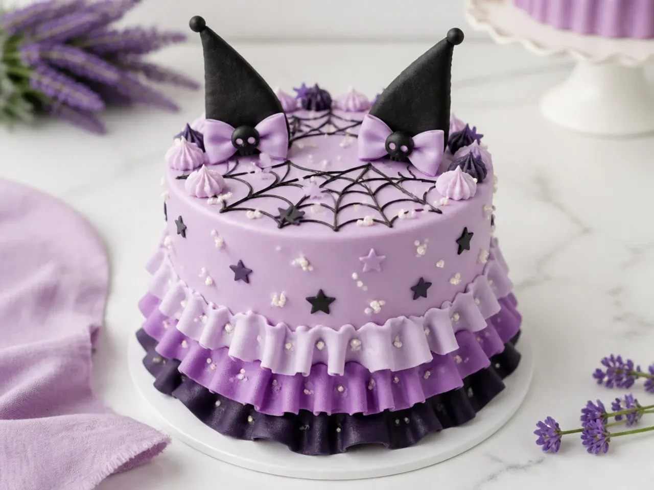 Elegant lavender ombre ruffle Kuromi cake for girls with pearl accents