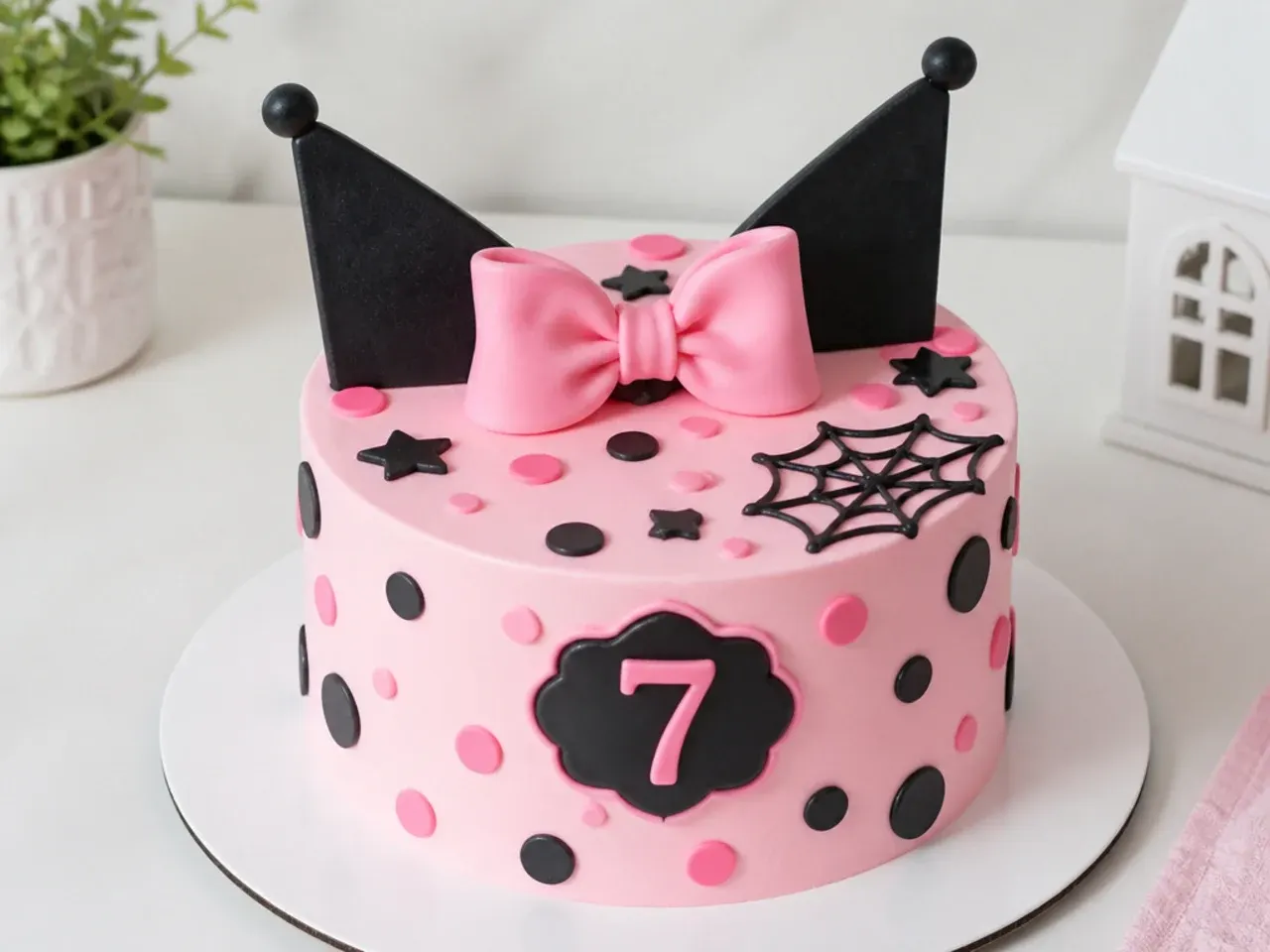 Playful pink and black polka dot Kuromi cake for girls topped with a fondant bow