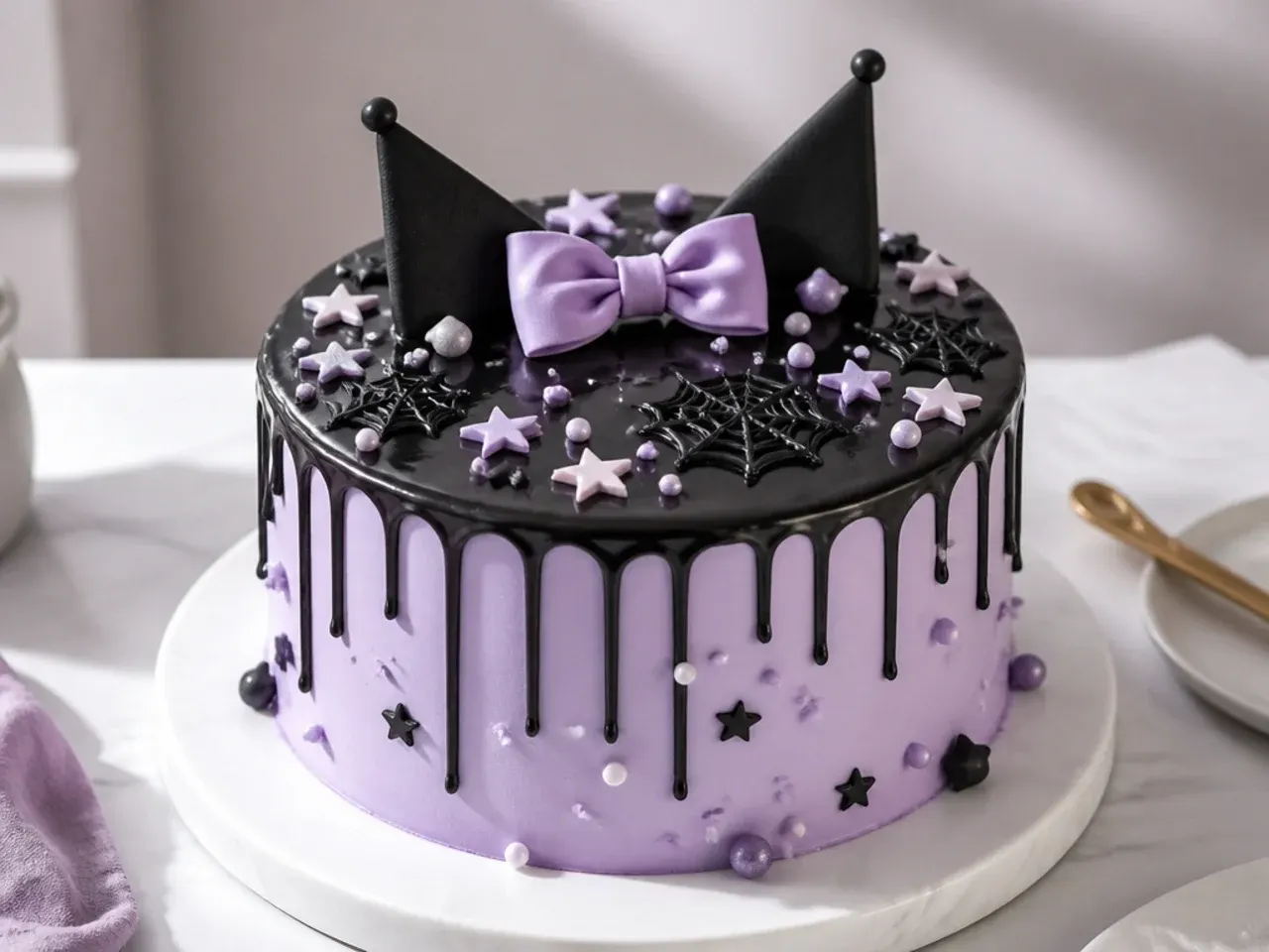 Modern black chocolate drip Kuromi cake for girls over a lavender buttercream base