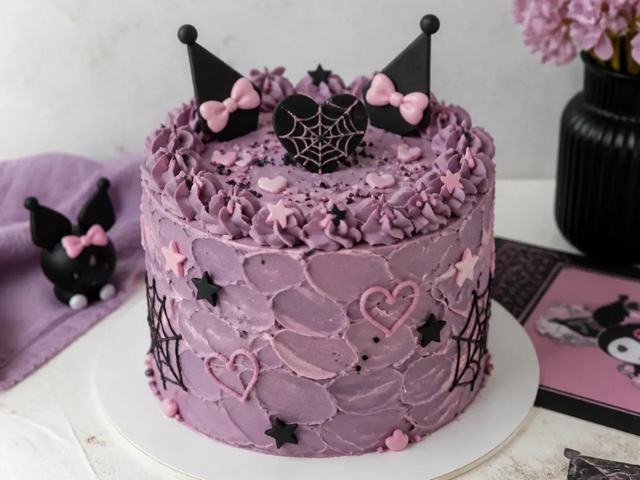 Rustic spoon-textured Kuromi cake for girls in mauve buttercream with piped hearts