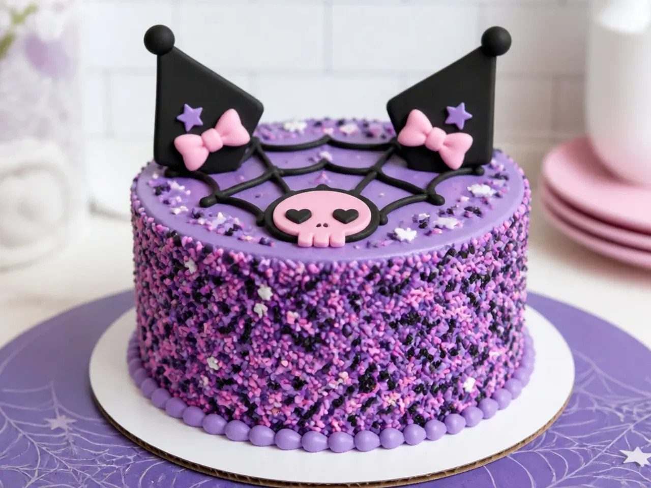 Colorful sprinkle-covered Kuromi cake for girls in purple, pink and black jimmies