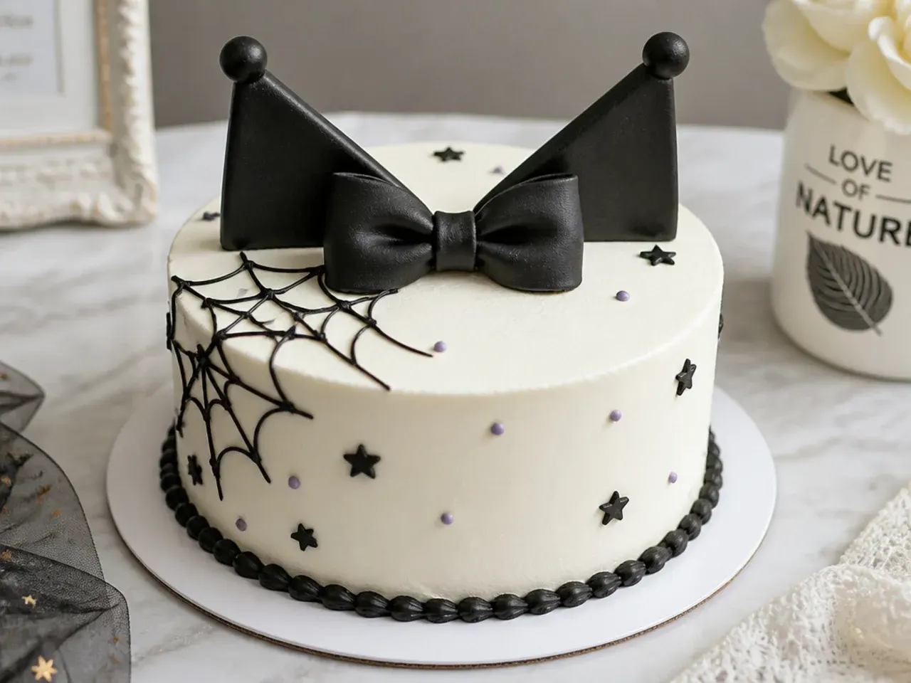 Minimal white Kuromi cake for girls with a single black fondant bow