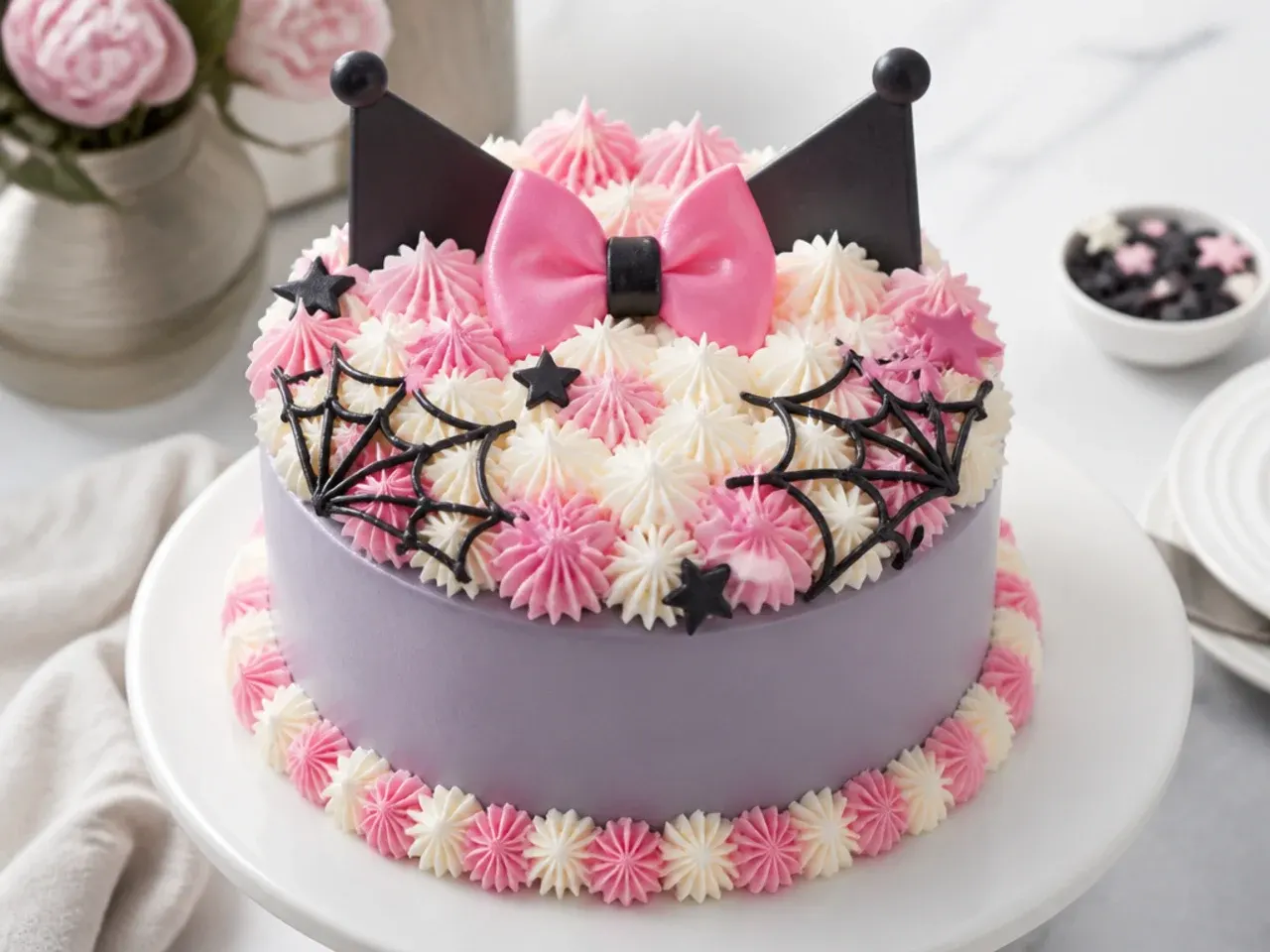 Festive star-covered Kuromi cake for girls with piped white and pink stars