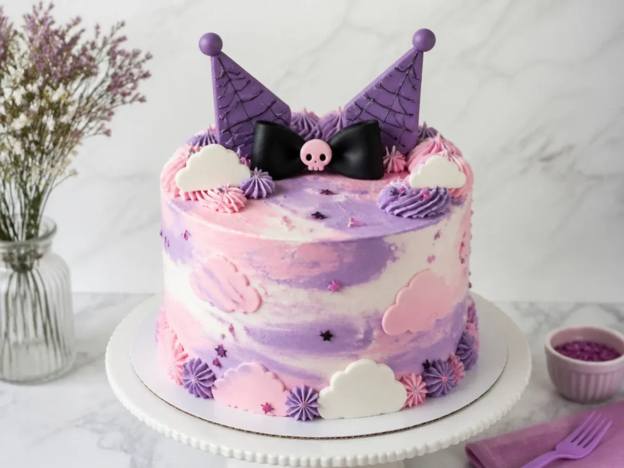 Whimsical pastel cloud Kuromi cake for girls with marbled lilac and pink swirls