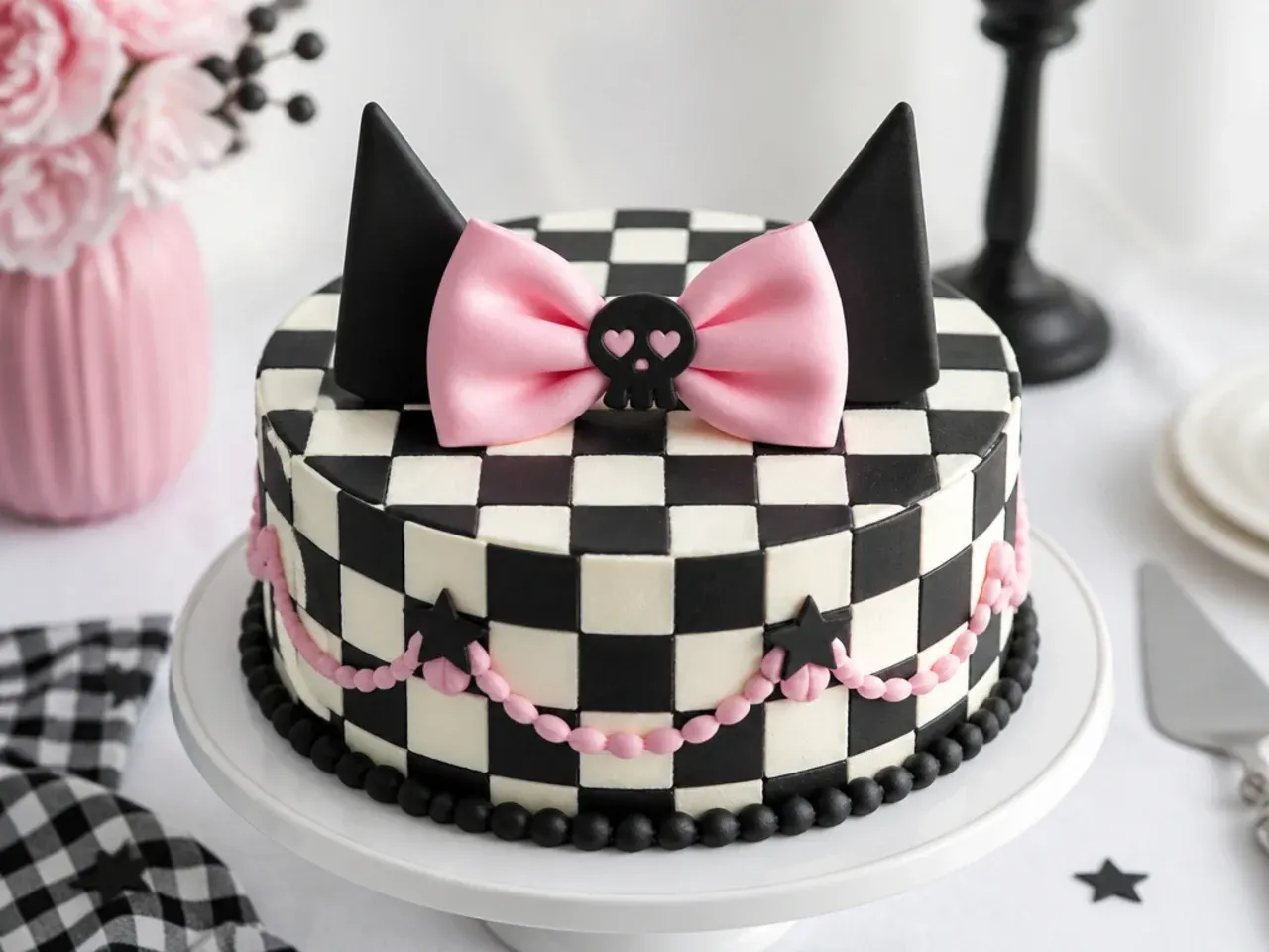 Bold black and white checkerboard Kuromi cake for girls with a pink bow