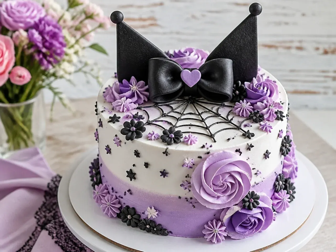 Delicate piped floral Kuromi cake for girls with purple blooms and a black bow