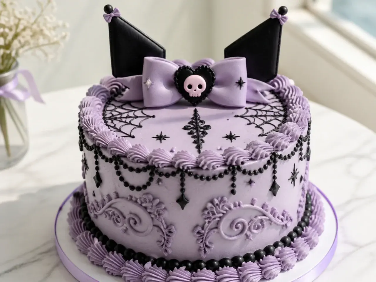 Vintage Lambeth-piped Kuromi cake for girls with lavender scrolls and beadwork