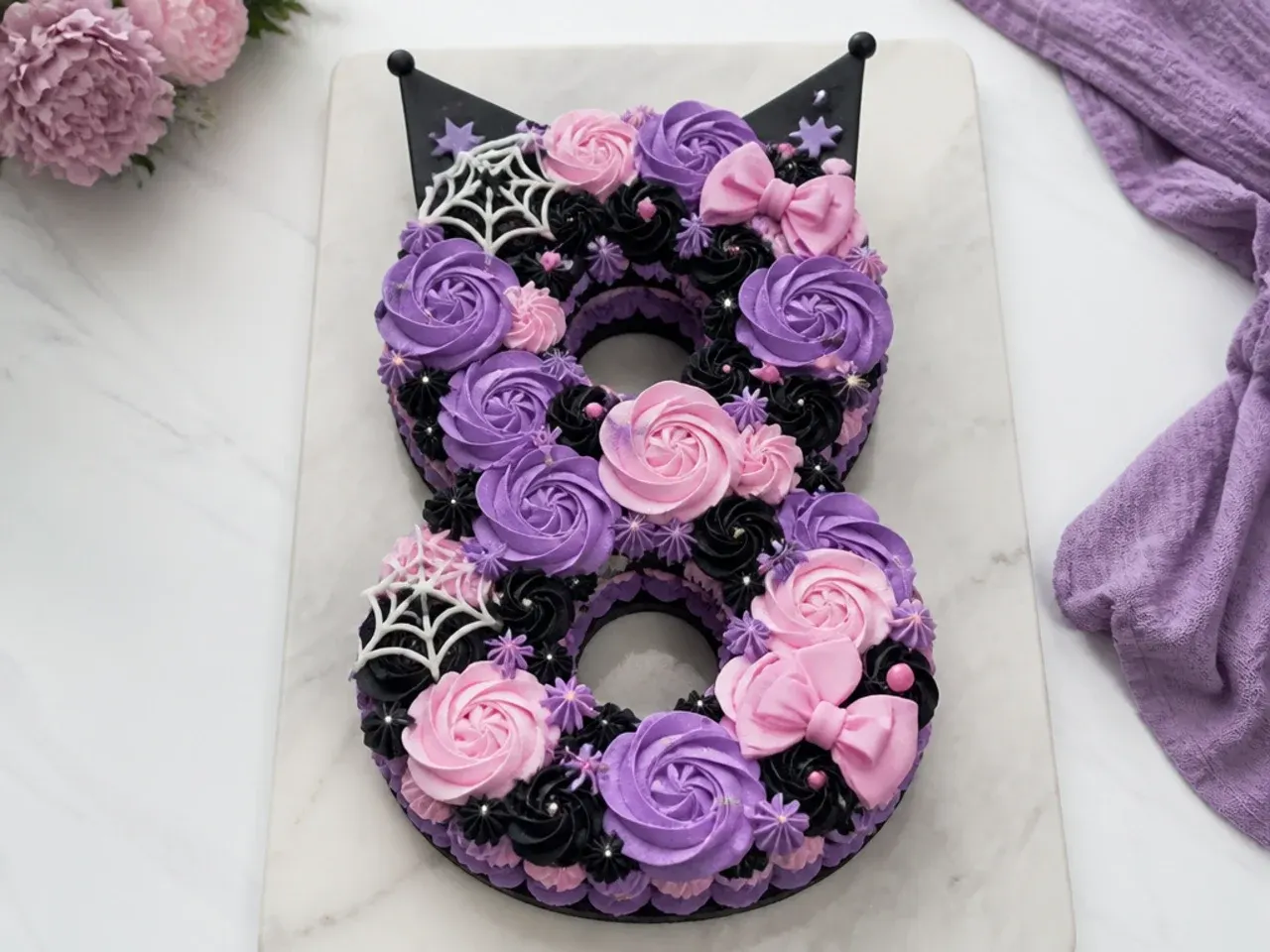 Creative Kuromi number cake for girls covered in black, lavender and pink rosettes