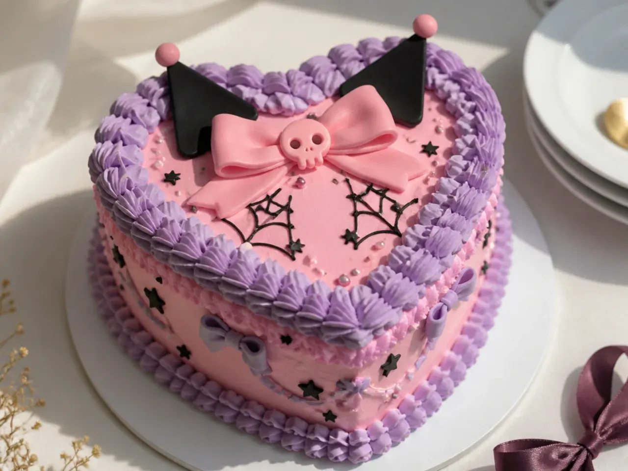 Charming heart-shaped ruffle Kuromi cake for girls in pink and lavender