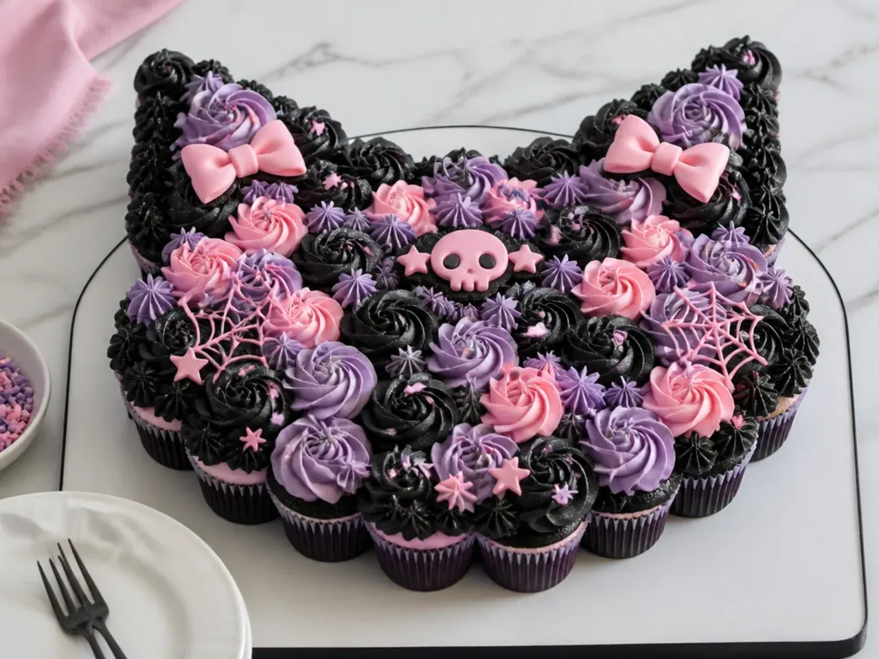 Easy pull-apart Kuromi cupcake cake for girls with black, lavender and pink swirls