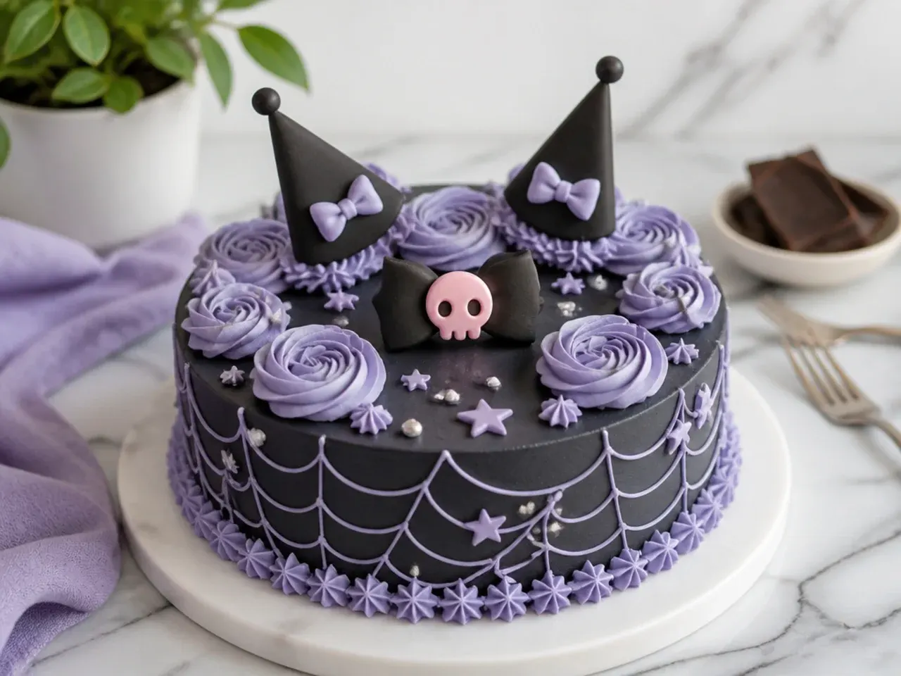 Elegant dark chocolate ganache Kuromi cake for girls with lavender rosettes