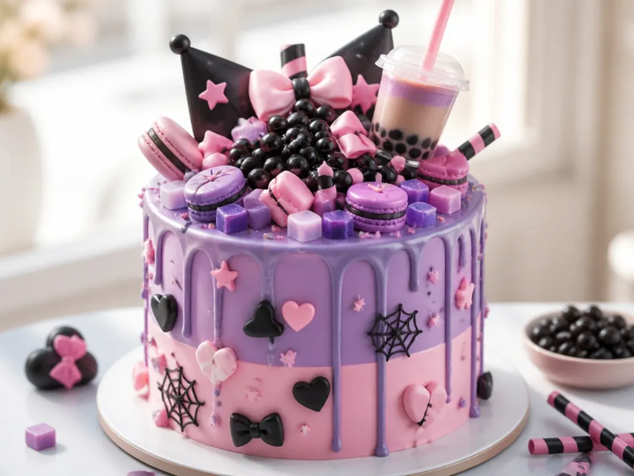 Playful Kuromi cake for girls piled with boba, macarons and candy in purple and pink