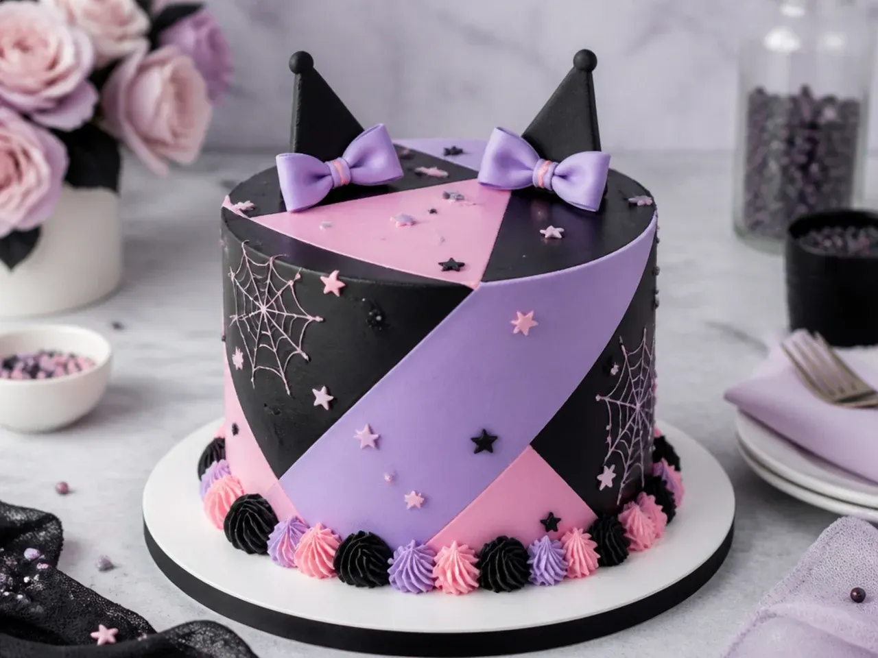 Modern geometric color-block Kuromi cake for girls in black, lavender and pink panels