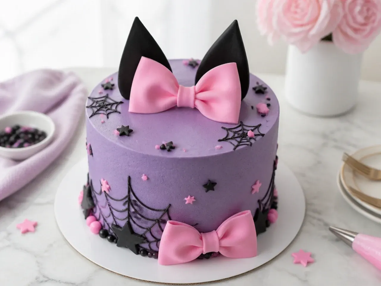 Tips for making an easier Kuromi cake for girls with chilled buttercream and fondant bows